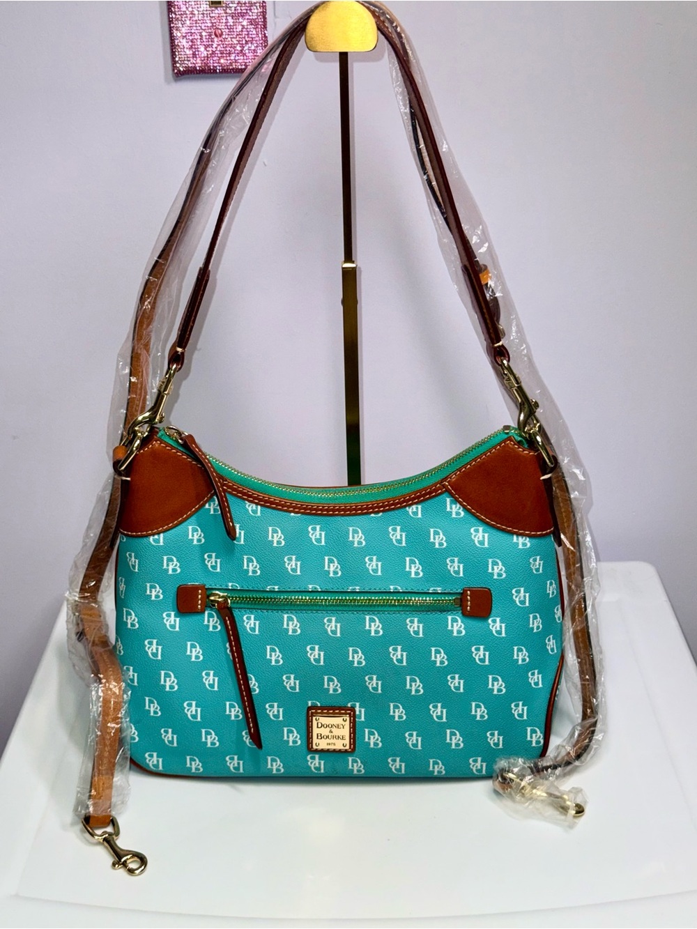 Dooney & Bourke Teal Logo-Print Shoulder Bag with Tan Trim